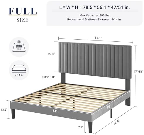 Allewie Full Bed Frame, Velvet Upholstered Platform Bed with Adjustable Vertical Channel Tufted Headboard, Mattress Foundation with Strong Wooden Slats, Box Spring Optional, Easy Assembly, Grey