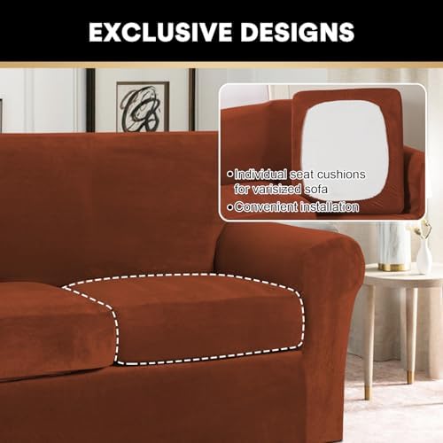 PrinceDeco Velvet Couch Cover Loveseat Covers for 2 Cushion Couch 3 Piece Sofa Covers for Dogs Washable Loveseat Covers Width Up to 72 Inch No Slip Stretch Sofa Slipcover(Medium, Rust)