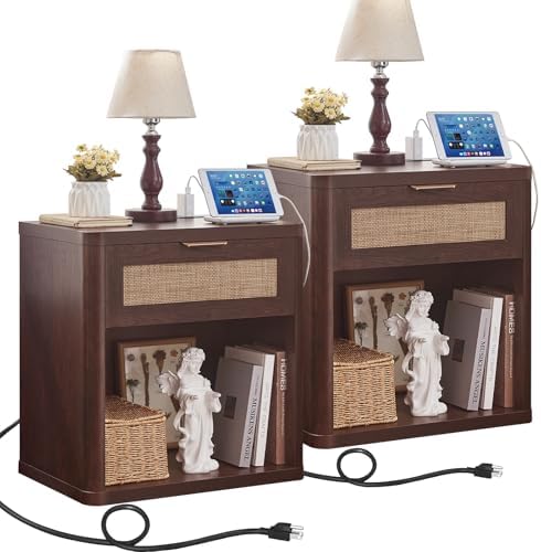 LEYAOYAO Rattan 23" Nightstands Set of 2 with Charger for Bedroom