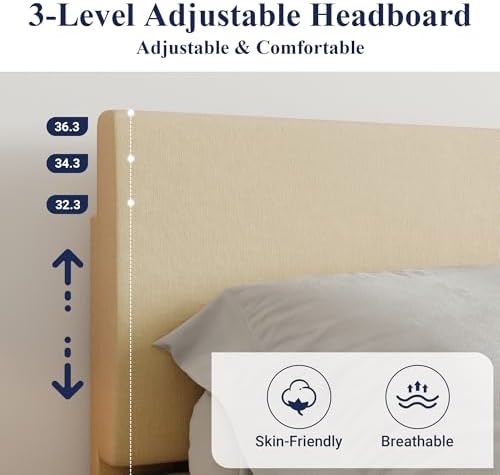 Allewie Queen Size Upholstered Bed Frame Adjustable Headboard, Beige