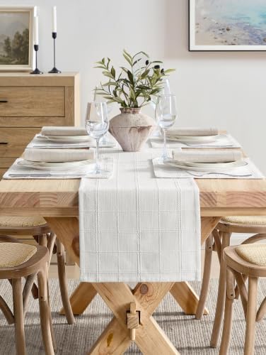 ZeeMart Linen Checked Farmhouse Table Runner, 13x48 Inches Bright White