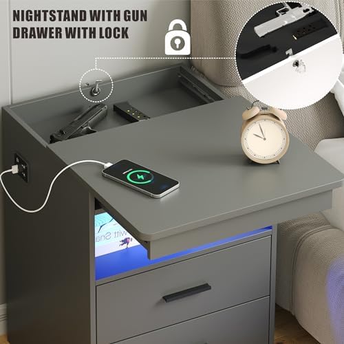 FREDEES LED Nightstand Set 2 with Gun Drawer & Charging Station
