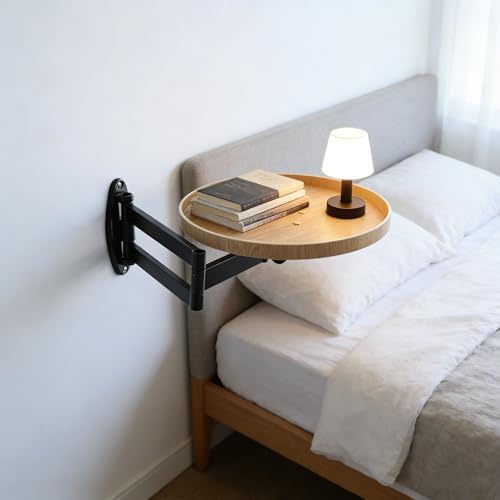 Retractable Wall Mounted Folding Table, 11.8" Adjustable Small Folding Round Desk with Retractable Aluminum Alloy Brackets for Bedroom Bathroom Balcony Living Room Saving (Oak Color)