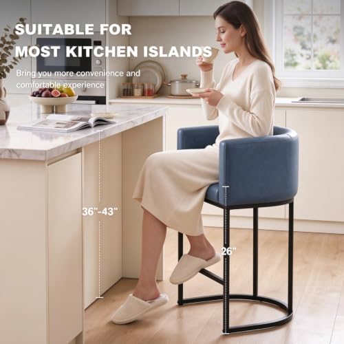 26" H Counter Height Bar Stools, Modern Barrel Counter Stools with Backrest and Arms, Faux Leather Upholstered Accent Barstools for Kitchen Island,Support 450 LBS (Blue)