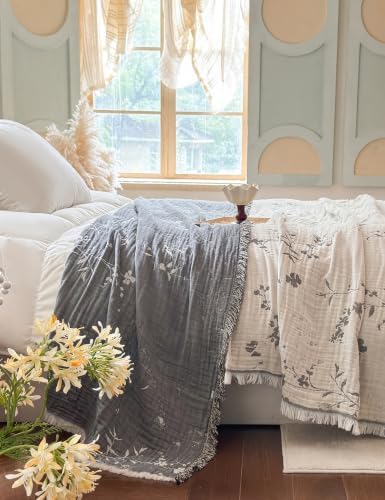 FALUCA Muslin Cotton Throw Blanket Boho Floral Jacquard with Fringe, 50 * 60 Blooms Pattern, Reversible Soft Breathable Cover for Couch Sofa Bedroom Vintage Farmhouse Home Decorative, White&Grey