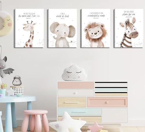 4Pcs Nursery Bible Verse Animal Canvas Wall Art Funny Cute Safari Animals Christian Painting Picture Wall Decor Lions Elephant Giraffe Zebra Poster Print Artwork for Boys and Girls Home Decoration