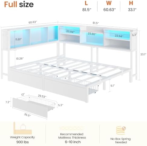 DICTAC Full Corner Bed Frame with 2 Storage Drawers and Bookcase Headboard,Full Size Metal Platform Bed Frame with Charging Station and Led Lights,Modern Full Daybed for Kids,Teen and Guests,White