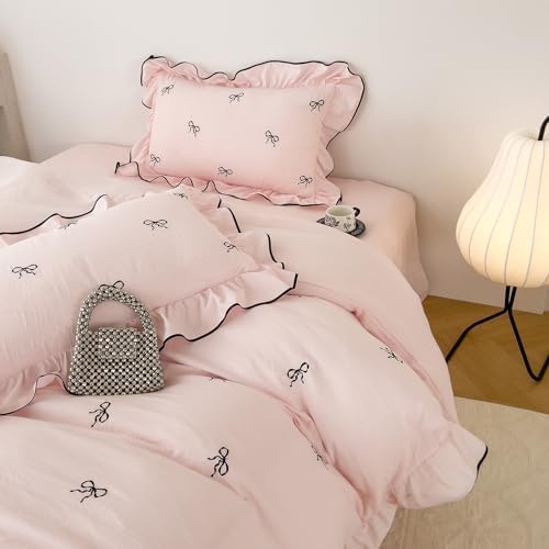 Chic Bow Duvet Cover Full Size 3 Pieces Vintage Pink Ruffled Bedding Set