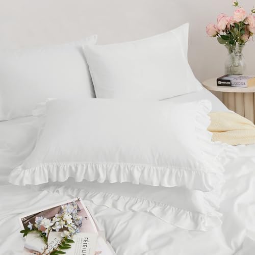 Horbaunal 5 Pcs White Ruffle Duvet Cover King Size Soft Microfiber Shabby Chic Ruffled Duvet Cover Set, Vintage French Country Ruffle Bedding Set with Zipper Closure & Corner Ties, 90" x 104"