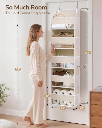 ULG 1-Pack Over Door Organizer with 5 Large Pockets 10 Mesh Side Pockets, 44 lbs Weight Capacity Hanging Storage Organizer with Clear Window for Bedroom Bathroom Kitchen, RV, Camper, Beige