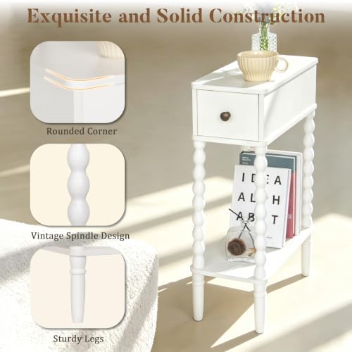 Fultyle Narrow White End Table, Slim Side Table with Drawer and Open Shelf