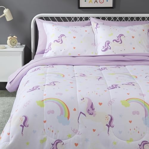 Amazon Basics 7-Piece Soft, Easy-Wash Microfiber Kid's Bed-in-a-Bag Bedding Set with Sheet and Comforter, Full/Queen, Unicorn Print