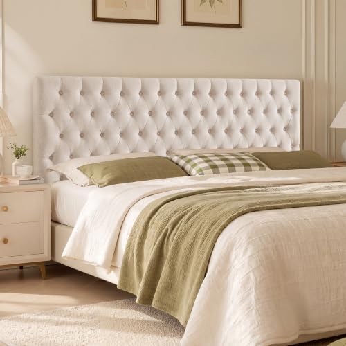 Kingfun Upholstered Queen Headboard Only, Premium Linen Button Tufted Headboards, Adjustable Solid Wood Head Board, Padded Headboard with Solid Wood Legs in Bedroom (Beige)