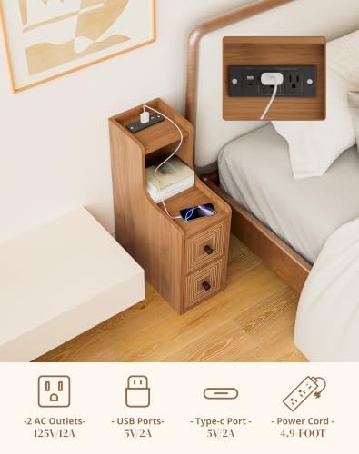 Set of 2 Narrow End Table with Charging Station