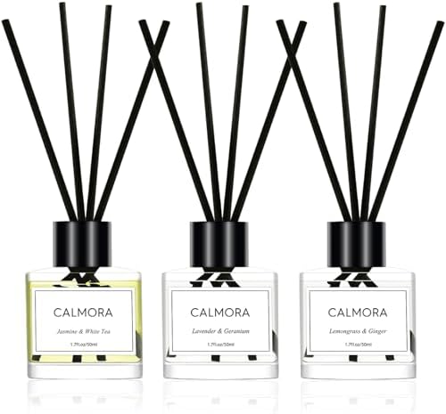 CALMORA Flameless Diffuser for Home, 3-Pack 50ml (1.7fl Oz) Essential Oil Reed Diffuser Set with 15 Sticks | Room Air Freshener for Bedroom, Bathroom for Women Men