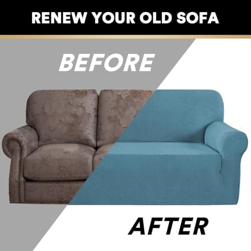 PrinceDeco Stretch Sofa Cover Slipcover 1-Piece, Spandex Jacquard Fabric Universal Couch Cover for 3 Cushion, Washable Non Slip Sofa Cover, Pet Friendly (Large Sofa 90"-100",Storm Blue)