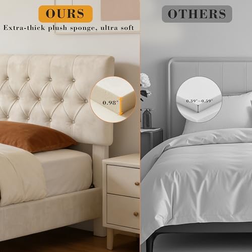 King Size Bed Frame with Headboard, Luxury Velvet Fabric Upholstered Bed frame with Button Tufted Design, Strong Wooden Slats Support - Low & Sturdy, Noise-Free, No Box Spring, Easy Assembly, Beige