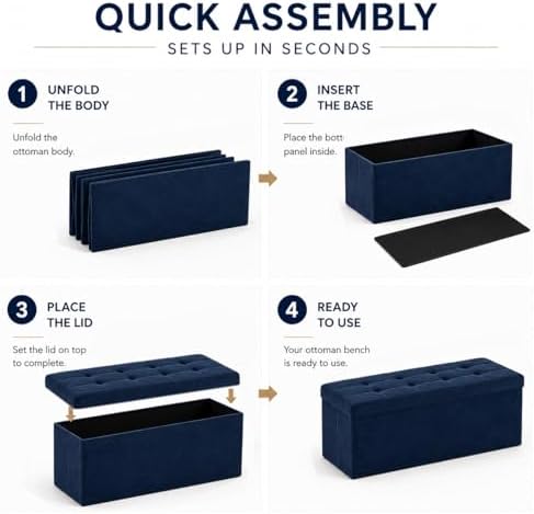 ALASDO 43 Inch Folding Storage Ottoman Bench with Hidden Storage, Velvet Storage Ottoman Foot Rest Stool, End of Bed Bench for Bedroom, Living Room, Entryway and Closet, Navy Blue