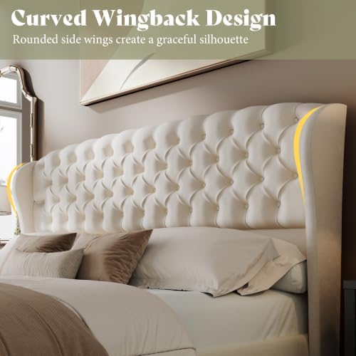 AMERLIFE Full/Queen Headboard Only, Velvet Curved Wingback, White