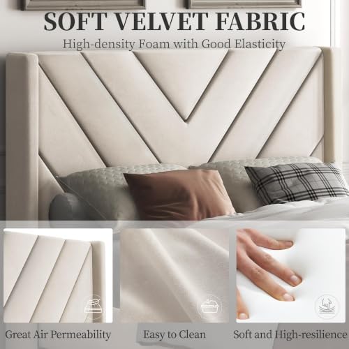 Yaheetech Twin Bed Frame with Chevron Channel-Tufted Headboard, Beige