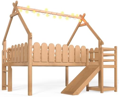 Bellemave Low Loft Bed Full with Slide and Lights Strip for Kids, Natural