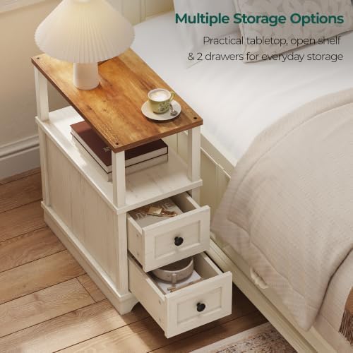 Slim End Table with 2 Drawers, Farmhouse Narrow Nightstand Wood，