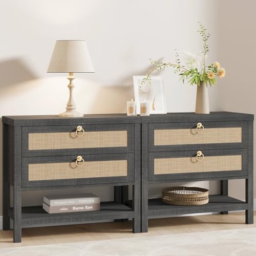 Eclatara Large Rattan Night Stand Set of 2 with 2 Drawers and Storage Shelf