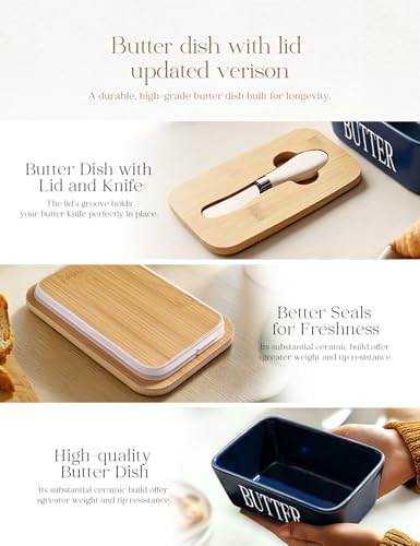 Ceramic Butter Dish with Lid and Knife & Silicone Seal for Countertop Blue