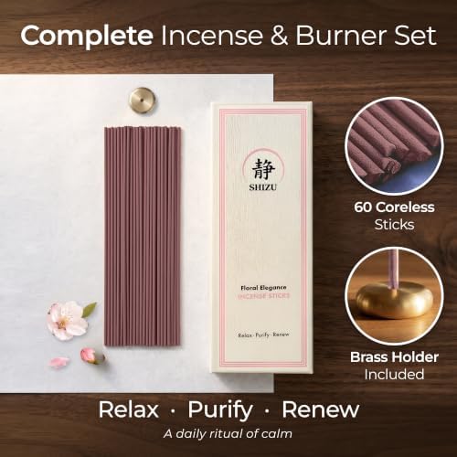 Shizu Floral Elegance Incense Sticks – Artisanal Temple Grade Japanese Incense with Brass Holder – Subtle, Calming Scent for Relaxation, Meditation & Home Spa, Elegant Gift Set (60 Sticks)