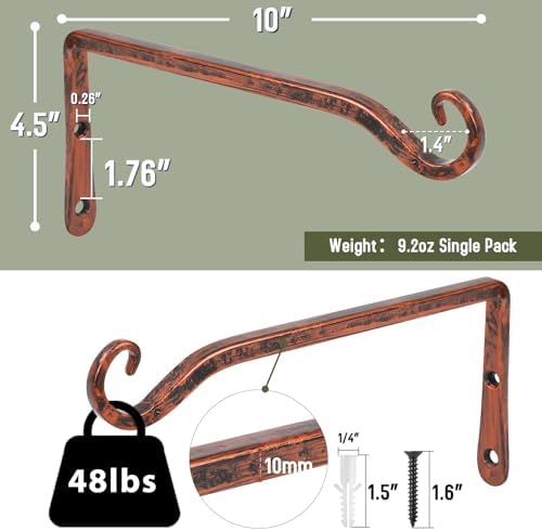FEED GARDEN Plant Hooks 2 Pack 10 Inch, Solid 10 mm Steel Wall Mounted Hanging Brackets, 48lb Rated, 1.4" Hook Opening, for Bird Feeders Baskets Wind Chimes, Indoor Outdoor Antique Bronze