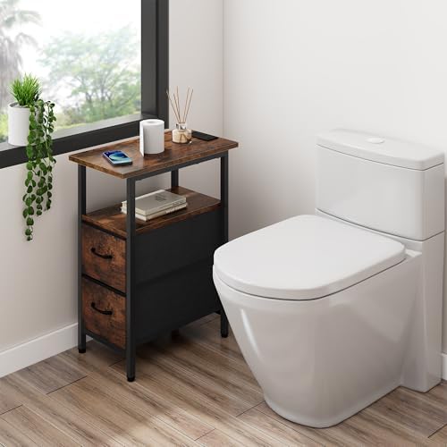 Vagusicc End Table with Charging Station Set of 2, Narrow Side Table, 23.8'' Tall Nightstand with 2 Drawers, Small Sofa Side Table Narrow Nightstand for Small Spaces Furniture, Bedroom, Rustic Brown