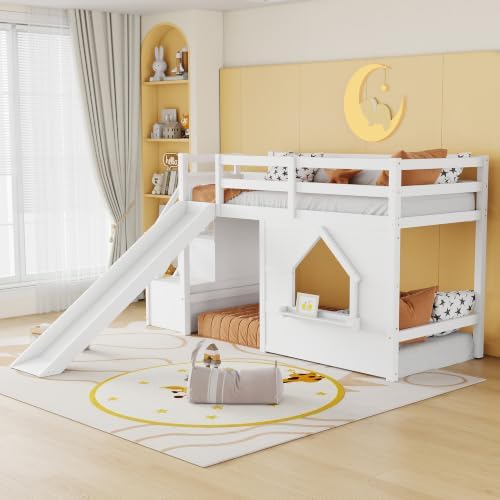 Bellemave Twin Low loft/bunk Bed with Slide and Storage Staircase LED for Kids,Wood Loft Beds,White