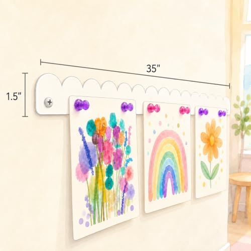 Scalloped Magnetic Art Display for Kids Artwork & Photos (Set of 3) – Kids Artwork Display for Wall – Magnetic Photo Display Strips with Push-Pin Magnets (White, 35in (3 Pack))