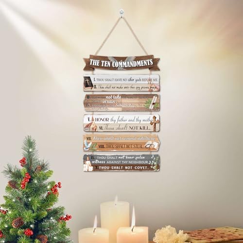 HLNIUC The Ten Commandments Wood Decor,Vintage Christian Wooden Hanger,Inspirational Bible Verse Hanging Signs,Religious Farmhouse Wood Wall Decor,Rustic Scripture Wall Wreath For Living Room Bedroom