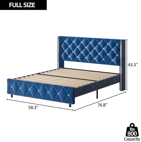 HOMBCK Bed Frame Full Size with Velvet Headboard, Silverside Wingback, Blue