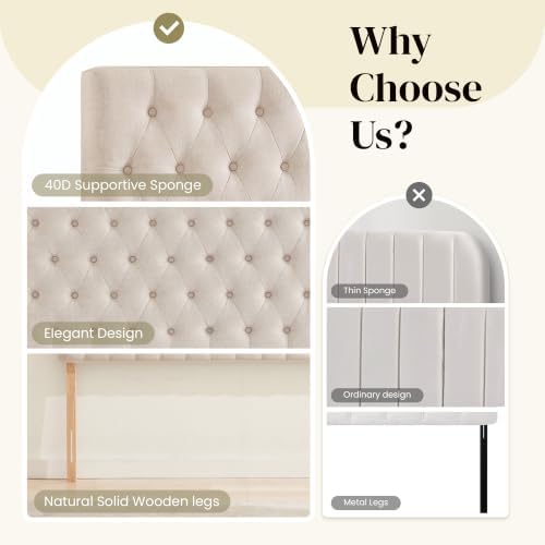 Kingfun Upholstered Queen Headboard Only, Premium Linen Button Tufted Headboards, Adjustable Solid Wood Head Board, Padded Headboard with Solid Wood Legs in Bedroom (Beige)