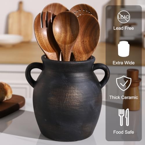 Ceramic Farmhouse Kitchen Utensil Holder for Countertop, Rustic Cooking Utensil Holder Crock Fit for Kitchen Counter. Bronze Color Scheme.