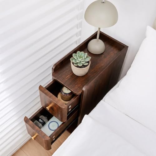 Narrow Nightstand Set of 2, Wooden Small 2 Drawer Nightstand, Slim Side End Table, Skinny Bedside Table, Mid Century Modern Night Stand with Drawers for Bedroom (Cherry Walnut-2 pcs)