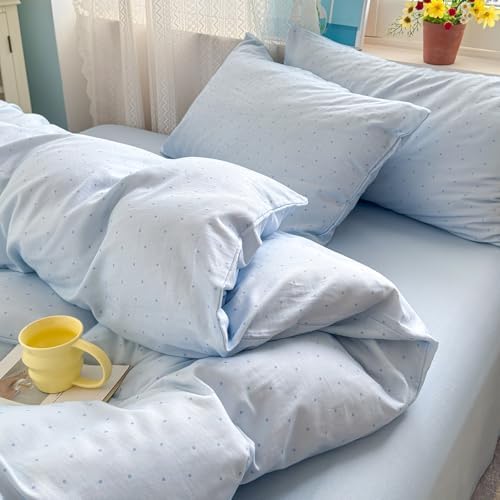 Polka Dot Full Duvet Cover Set Blue Boho Comforter Cover Full Size Cotton Double Gauze Farmhouse Zipper Duvet Cover Set with 2 Pillowcases Cottagecore Girl Bedding Set Cute Duvet Protector