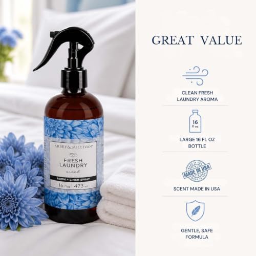 Abbey & Sullivan Linen Spray, Fresh Laundry Scent with Fresh Green Floral Musk, Pack of 2, 16 oz