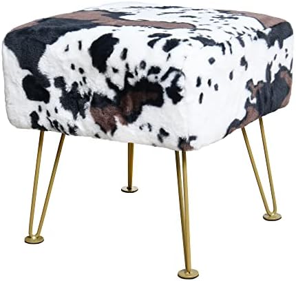 Cow Square Faux Fur Ottoman 17"x17"x17" Soft Fuzzy Entryway Bench Seat Sturdy Accent Coffee Table for Living Room Make Up Vanity Shoe Stool with Golden Legs for Bedroom Closet Foot Rest