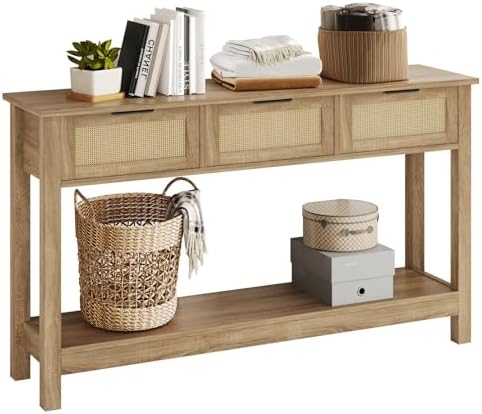 Luoxiao Rattan Console Table 3-Drawer 47" Narrow Wood Entryway Sofa Table