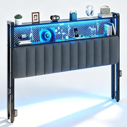 VINGLI Full Size Headboard with 2 Shelves, Adjustable Upholstered Headboard with Pegboard, Charging Stations and LED Lights, Modern Bed Headboard with Storage for Bedroom Decor, Dark Gray