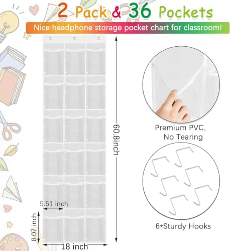 2 Pack Classroom Headphone Storage Organizer with 36 Pockets & 74 Labels