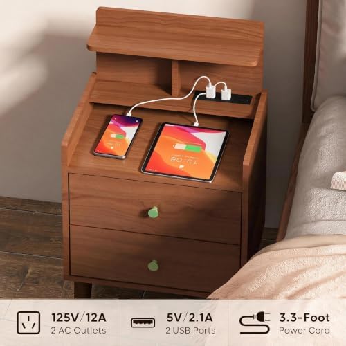 PARTPHONER Mid-Century Modern Small Nightstand with Charging Station, 15.4" Wide Narrow Side Bedside Table with 2 Drawers, Storage Shelf End Table for Bedroom, Living Room