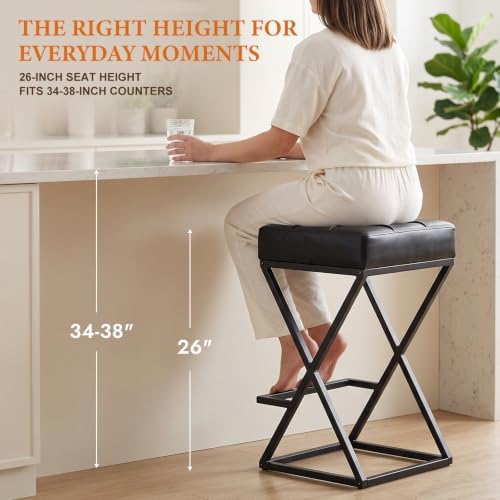 Bar Stools Set of 3, 26 Inch Counter Height Stool Faux Leather Black