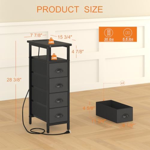 sthmec Side Table with Charging Station, Narrow End Table with 4 Drawers, LED Nightstands with Fabric Drawers,Slim Sofa Couch Side Tables for Small Spaces,Living Room,Bedroom, Black