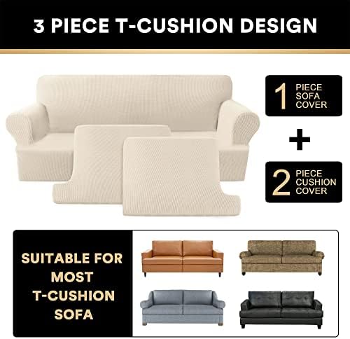 PrinceDeco T Cushion Loveseat Slipcover 3 Pieces Sofa Covers for T Cushion Sofa Stretch Slip Covers for 2 Cushion Couch with 2 Individual T Shape Seat Covers Width Up to 76"- Washable, Natural