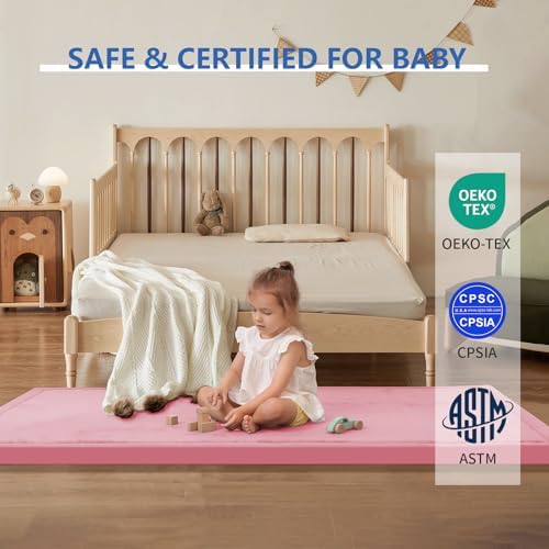 2" Thick Play Mat for Babies Toddlers,Extra Safety Anti-Fall Cushion Mat, Non-Slip Water-Repellent Coral Velvet,28"x72" Bedside Rug for Kids Room (Pink)