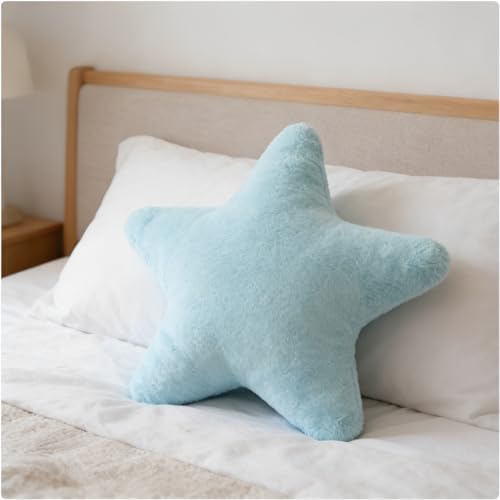 Star Shaped Throw Pillows Set of 2, Cute Plush Decorative Pillows with Fluffy Faux Rabbit Fur, Soft Star Cushion for Sofa Couch Bed Living Room Bedroom Home Decor (Blue, 15.7")